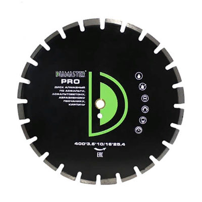 Диск алмазный сегментный Diamaster Pro 400x25,4 (40x3,6x10/16) мм 24z (асфальт, wet, dry) Диск алмазный сегментный Diamaster Pro 400x25,4 (40x3,6x10/16) мм 24z (асфальт, wet, dry)