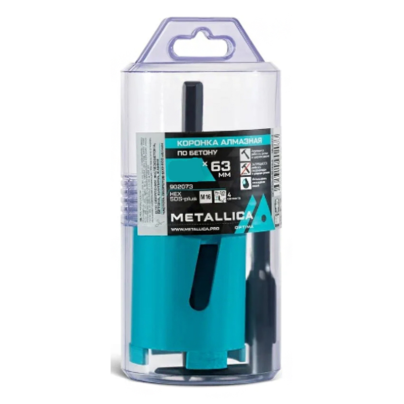 Коронка алмазная METALLICA Optima 72x63 мм, М16, с хвостовиками HEX, SDS-plus, по бетону, в тубе Коронка алмазная METALLICA Optima 72x63 мм, М16, с хвостовиками HEX, SDS-plus, по бетону, в тубе