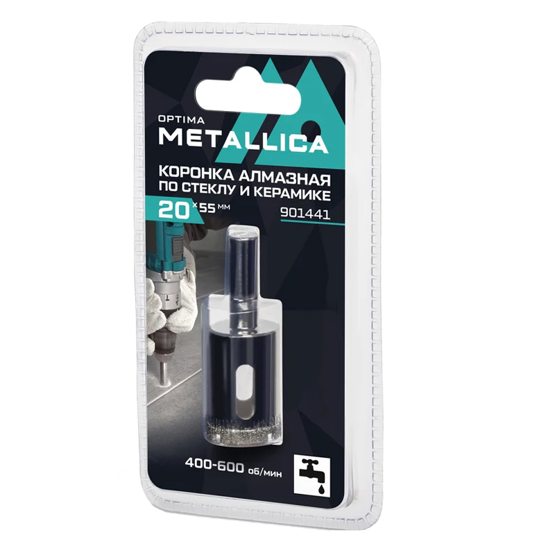 Коронка алмазная METALLICA Optima 20x55 мм, #80, по стеклу, плитке, 1 шт, в блистере. Коронка алмазная METALLICA Optima 20x55 мм, #80, по стеклу, плитке, 1 шт, в блистере.