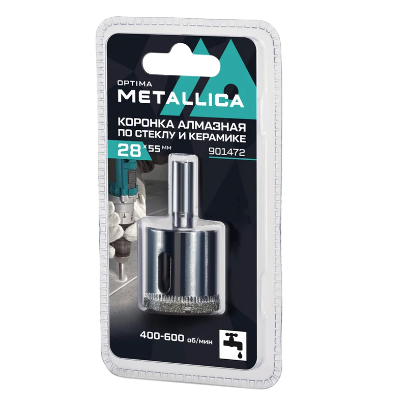 Коронка алмазная METALLICA Optima 28x55 мм, #80, по стеклу, плитке, 1 шт, в блистере. Коронка алмазная METALLICA Optima 28x55 мм, #80, по стеклу, плитке, 1 шт, в блистере.