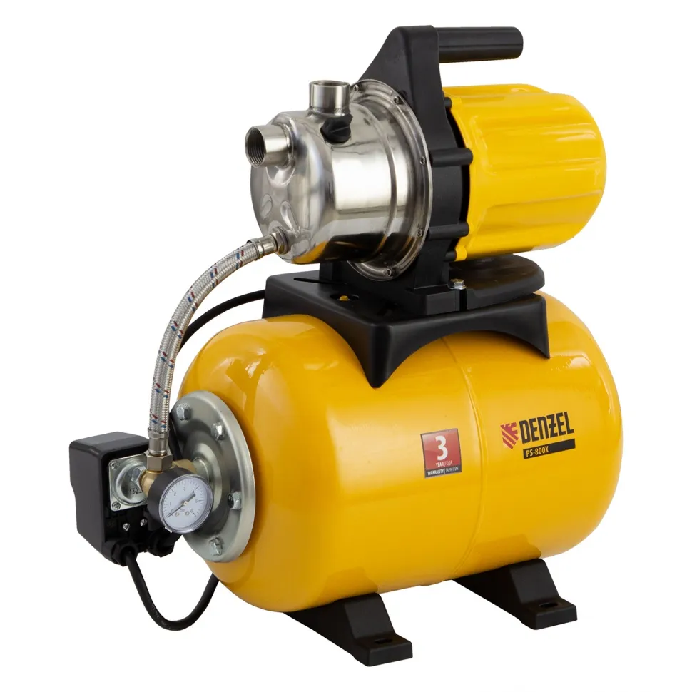 Насосная станция Denzel PS800X, 800 Вт, 3200 л/ч, ресивер 24 л, подъем 38 м, нержавейка Насосная станция Denzel PS800X, 800 Вт, 3200 л/ч, ресивер 24 л, подъем 38 м, нержавейка